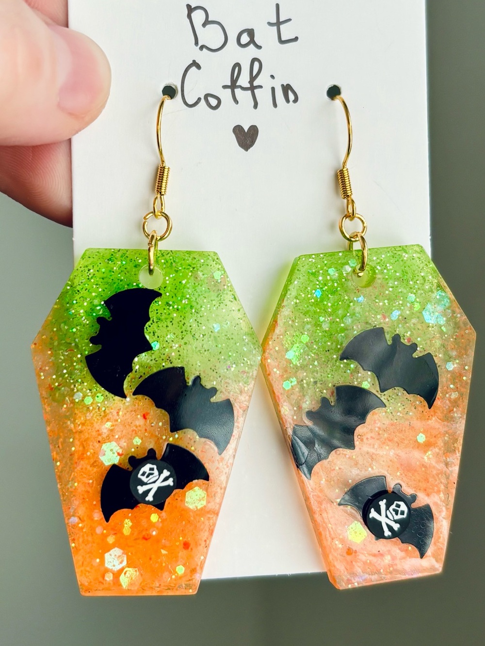Bat Coffin Earrings Orange Green Glitter Resin Halloween Spooky Gothic Jewelry
